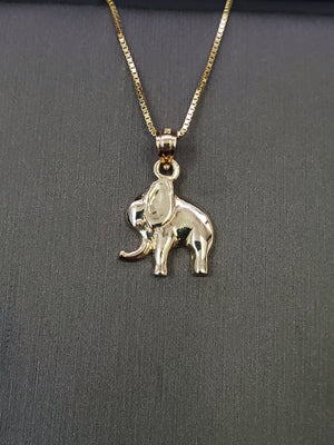 10K Solid Real Yellow Gold Elephant Pendant Charm with Box Chain