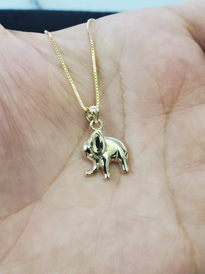 10K Solid Real Yellow Gold Elephant Pendant Charm with Box Chain