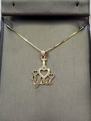 10K Solid Real Yellow Gold I Love You Pendant Charm with Box Chain