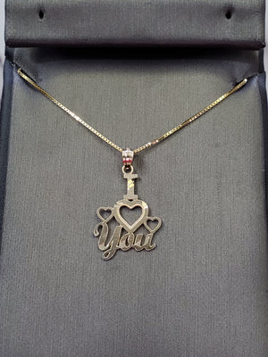 10K Solid Real Yellow Gold I Love You Pendant Charm with Box Chain