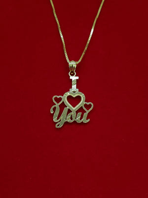10K Solid Real Yellow Gold I Love You Pendant Charm with Box Chain