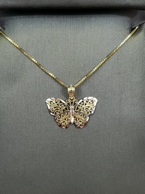 10K Solid Real Yellow Gold Butterfly Pendant Charm with Box Chain