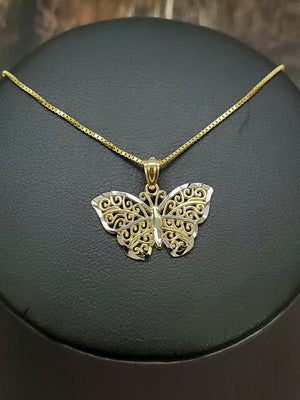 10K Solid Real Yellow Gold Butterfly Pendant Charm with Box Chain