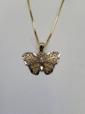 10K Solid Real Yellow Gold Butterfly Pendant Charm with Box Chain