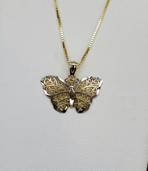 10K Solid Real Yellow Gold Butterfly Pendant Charm with Box Chain