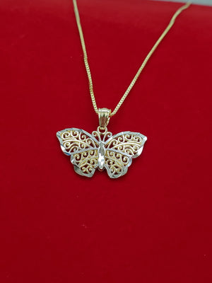 10K Solid Real Yellow Gold Butterfly Pendant Charm with Box Chain