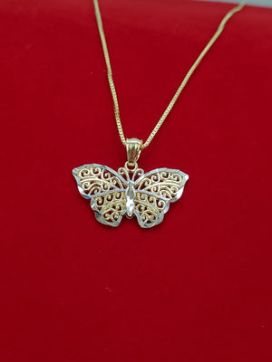 10K Real Gold Diamond Cut Small Butterfly Charm with Box Chain