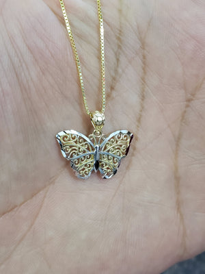 10K Solid Real Yellow Gold Butterfly Pendant Charm with Box Chain
