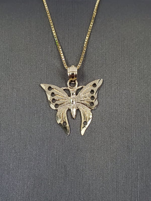 10K Solid Real Yellow Gold Butterfly Pendant Charm with Box Chain
