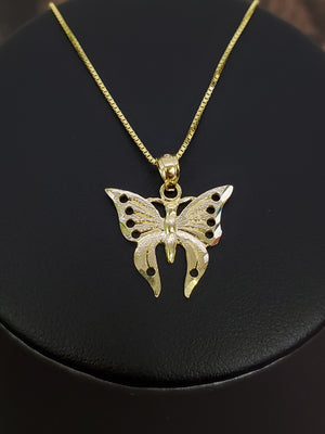 10K Solid Real Yellow Gold Butterfly Pendant Charm with Box Chain