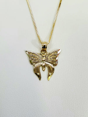 10K Solid Real Yellow Gold Butterfly Pendant Charm with Box Chain