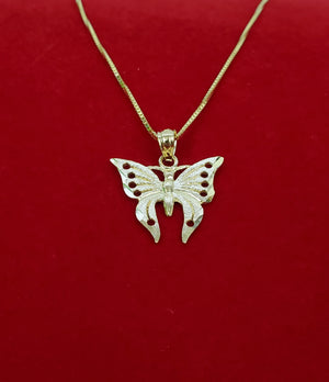 10K Solid Real Yellow Gold Butterfly Pendant Charm with Box Chain