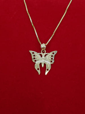 10K Solid Real Yellow Gold Butterfly Pendant Charm with Box Chain