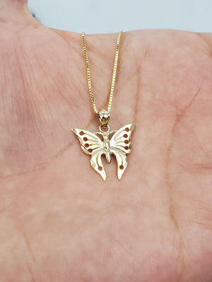 10K Solid Real Yellow Gold Butterfly Pendant Charm with Box Chain