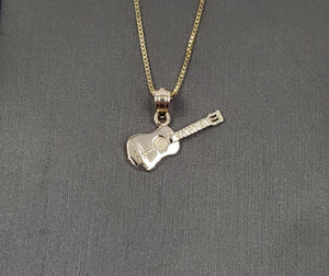 10K Solid Real Yellow Gold Guitar Pendant Charm with Box Chain