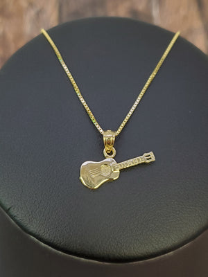 10K Solid Real Yellow Gold Guitar Pendant Charm with Box Chain