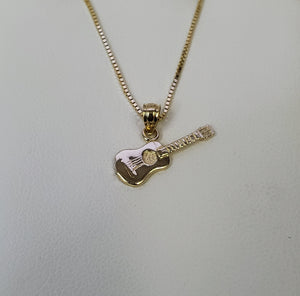 10K Solid Real Yellow Gold Guitar Pendant Charm with Box Chain