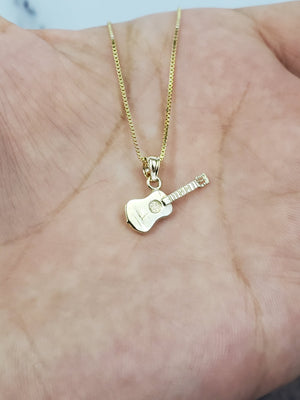 10K Solid Real Yellow Gold Guitar Pendant Charm with Box Chain