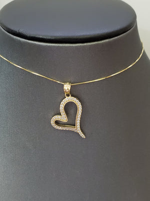 10K Solid Real Yellow Gold Heart Cz Pendant Charm with Box Chain