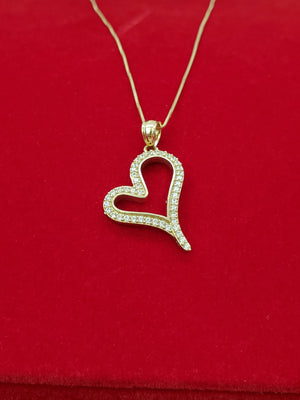10K Solid Real Yellow Gold Heart Cz Pendant Charm with Box Chain