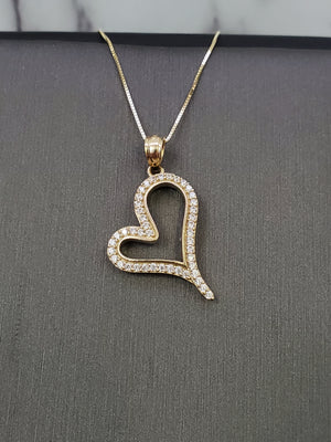 10K Solid Real Yellow Gold Heart Cz Pendant Charm with Box Chain