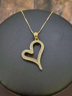 10K Solid Real Yellow Gold Heart Cz Pendant Charm with Box Chain