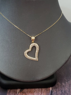 10K Solid Real Yellow Gold Heart Cz Pendant Charm with Box Chain