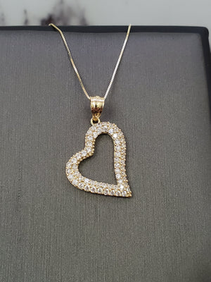 10K Solid Real Yellow Gold Heart Cz Pendant Charm with Box Chain