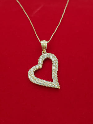 10K Solid Real Yellow Gold Heart Cz Pendant Charm with Box Chain