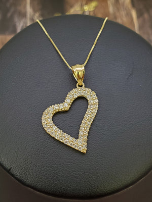 10K Solid Real Yellow Gold Heart Cz Pendant Charm with Box Chain