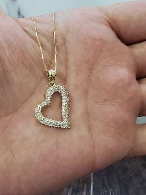 10K Solid Real Yellow Gold Heart Cz Pendant Charm with Box Chain