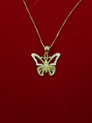 10K Solid Real Yellow Gold Butterfly Pendant Charm with Box Chain