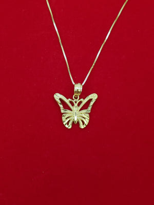 10K Solid Real Yellow Gold Butterfly Pendant Charm with Box Chain