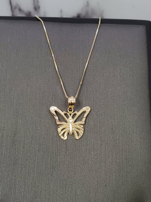 10K Solid Real Yellow Gold Butterfly Pendant Charm with Box Chain