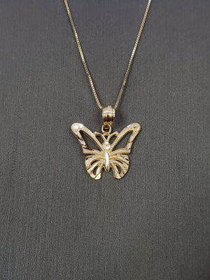 10K Solid Real Yellow Gold Butterfly Pendant Charm with Box Chain