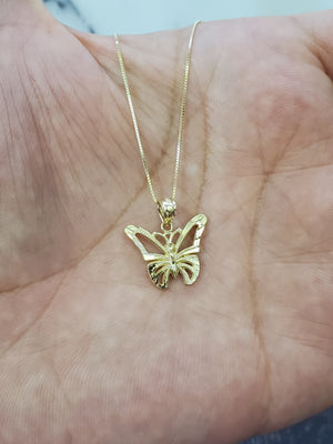 10K Solid Real Yellow Gold Butterfly Pendant Charm with Box Chain