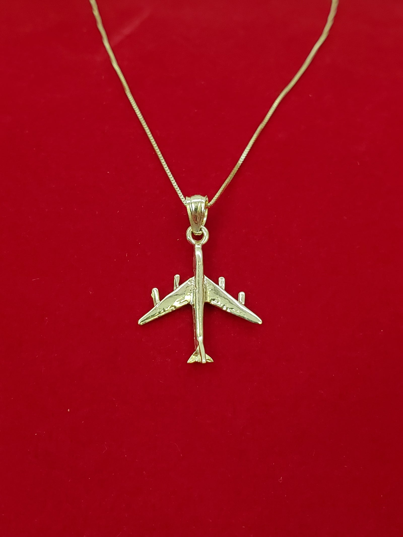 10K Solid Real Yellow Gold Air Plane Pendant Charm with Box Chain