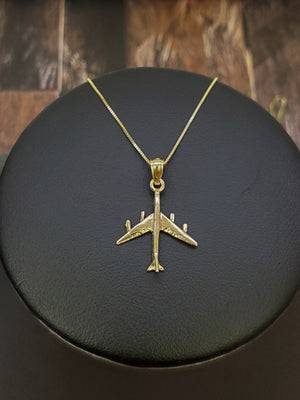 10K Solid Real Yellow Gold Air Plane Pendant Charm with Box Chain