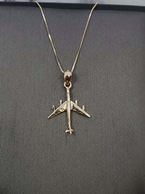 10K Solid Real Yellow Gold Air Plane Pendant Charm with Box Chain