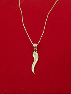 10K Solid Real Yellow Gold Italian Horn Pendant Charm with Box Chain