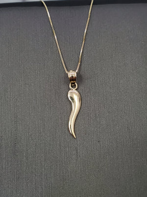 10K Solid Real Yellow Gold Italian Horn Pendant Charm with Box Chain
