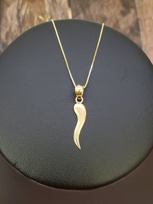 10K Solid Real Yellow Gold Italian Horn Pendant Charm with Box Chain
