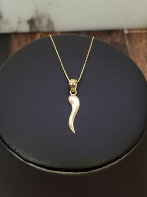 10K Solid Real Yellow Gold Italian Horn Pendant Charm with Box Chain