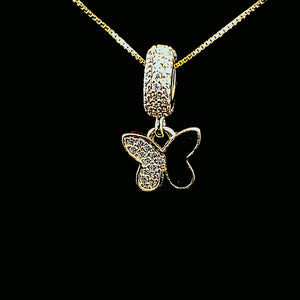 10K Solid Real Yellow Gold Cz Butterfly Pendant Charm with Box Chain