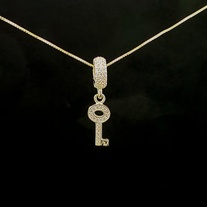 10K Solid Real Yellow Gold Cz Key Pendant Charm with Box Chain