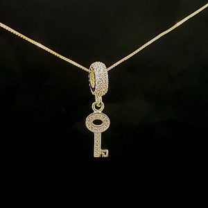 10K Solid Real Yellow Gold Cz Key Pendant Charm with Box Chain