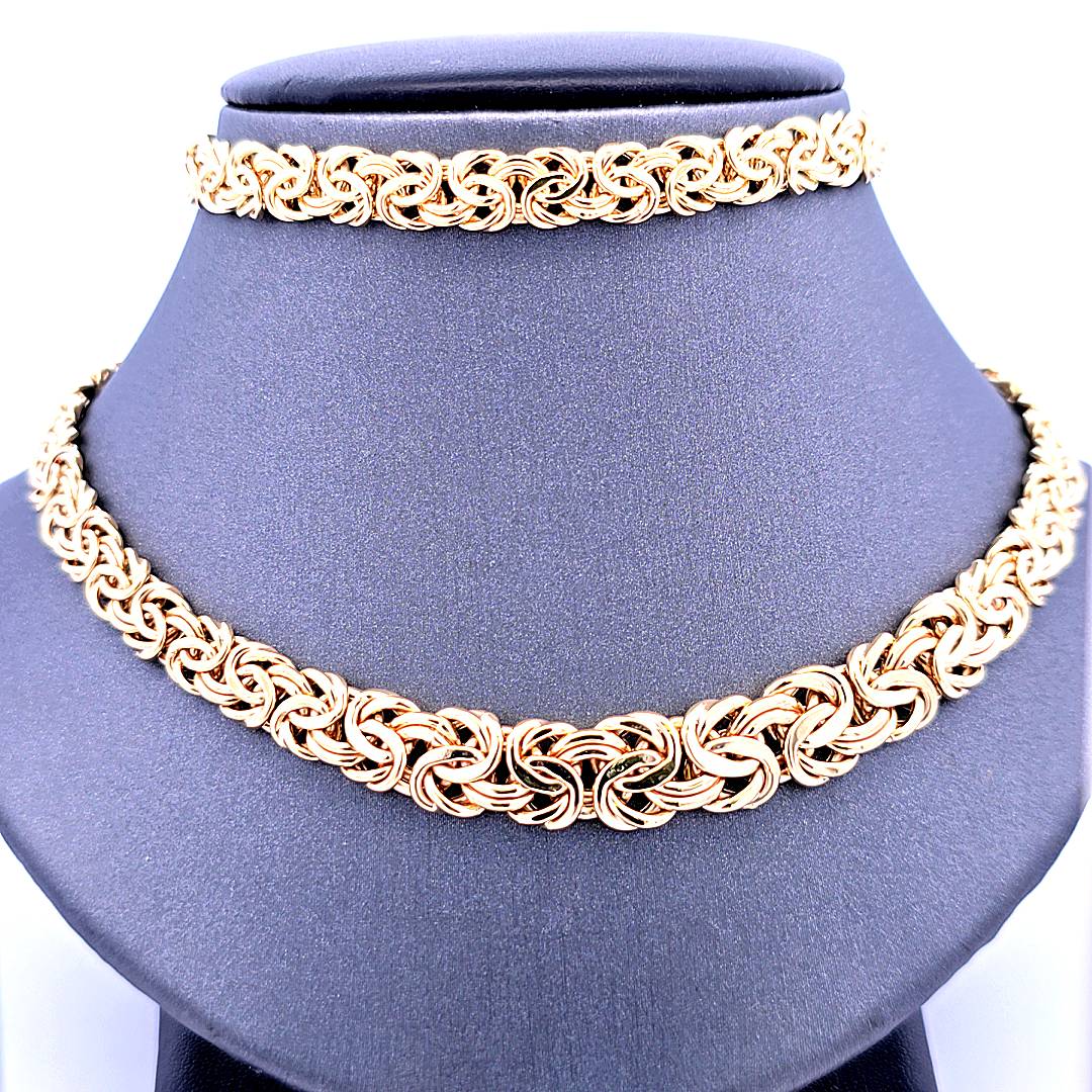 10K Real Yellow Gold Hollow Byzantine Necklace & Bracelet Set