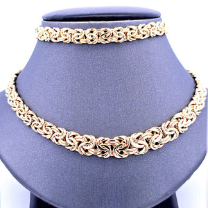 10K Real Yellow Gold Hollow Byzantine Necklace & Bracelet Set