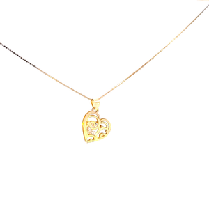 10K Real Yellow Gold Filigree Heart with Cz Inside Pendant Charm with Box Chain