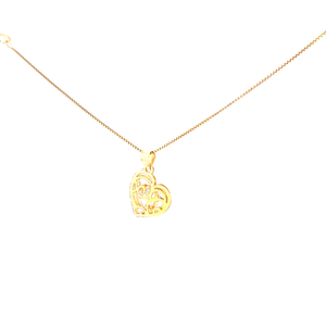 10K Real Yellow Gold Filigree Heart with Cz Inside Pendant Charm with Box Chain